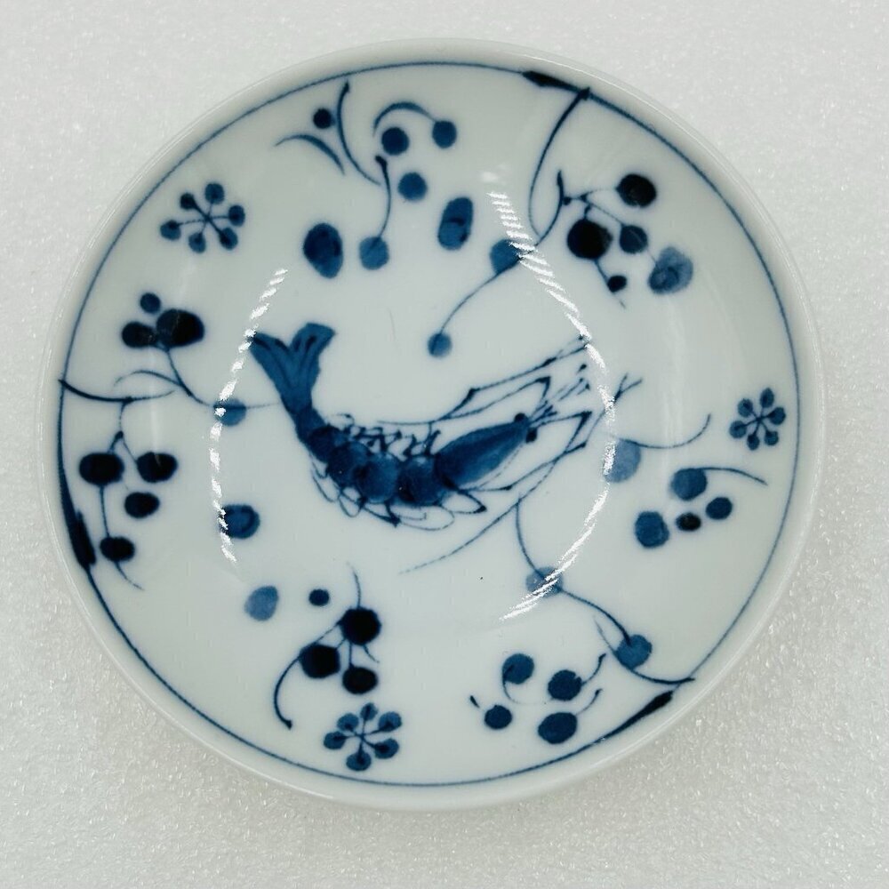 Vintage Japanese Ebi 3.75" Sauce Dish Blue White Saucer Shrimp
